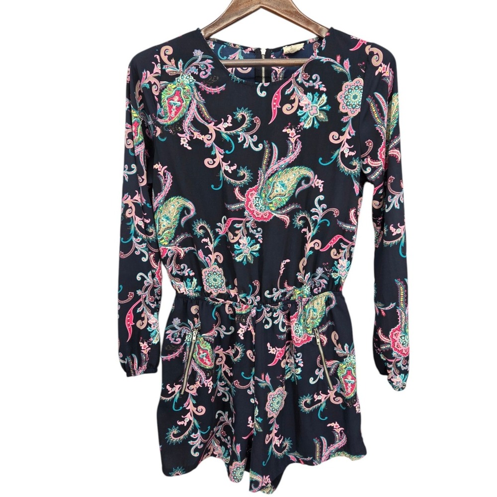 One Clothing L Navy Paisley Floral Long Sleeve Romper Boho Festival Zip Pocket
